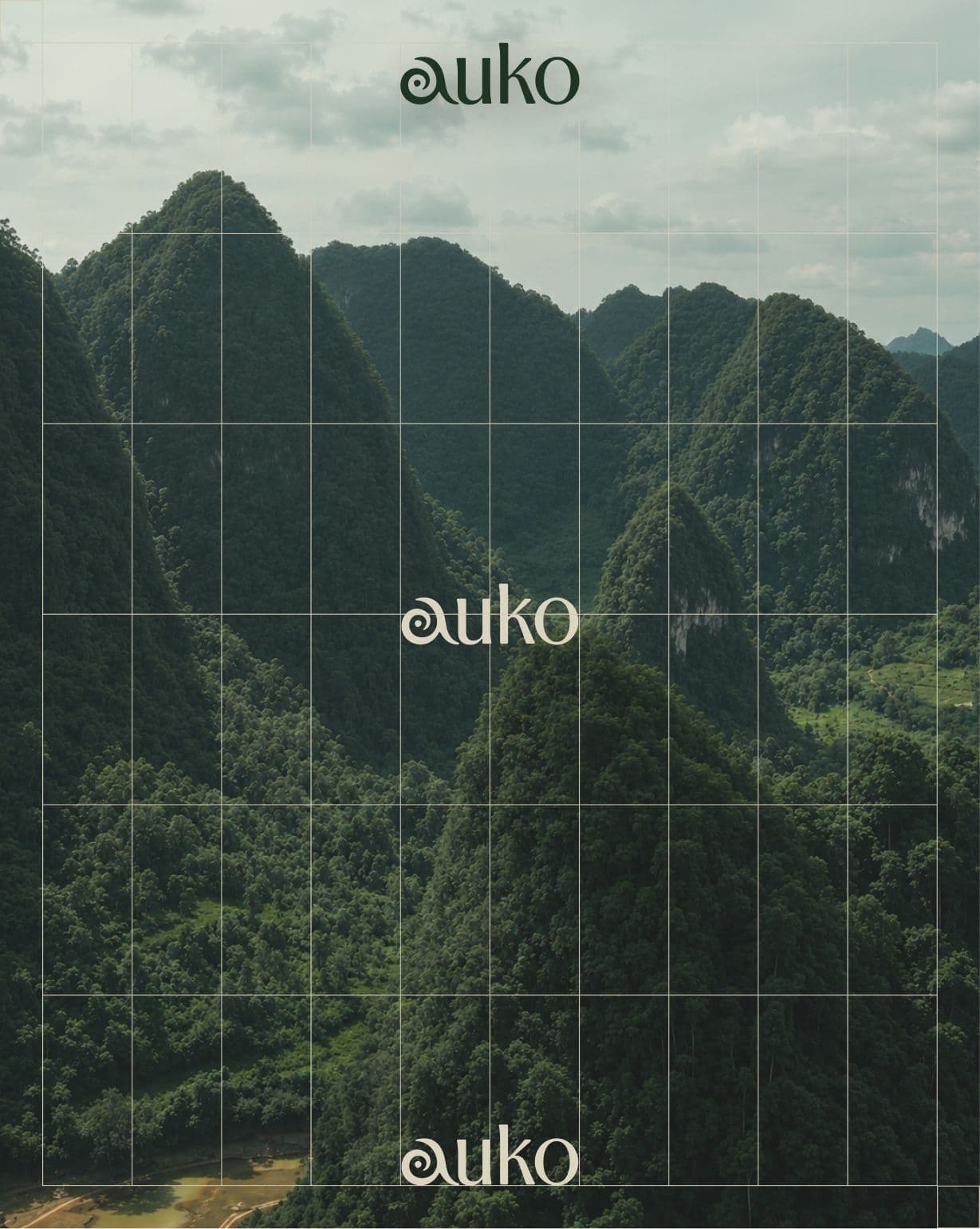 Alt text: “Minh họa lưới hướng dẫn placement logo thương hiệu ‘auko’ trên bối cảnh rừng núi, thể hiện ba vị trí logo.”