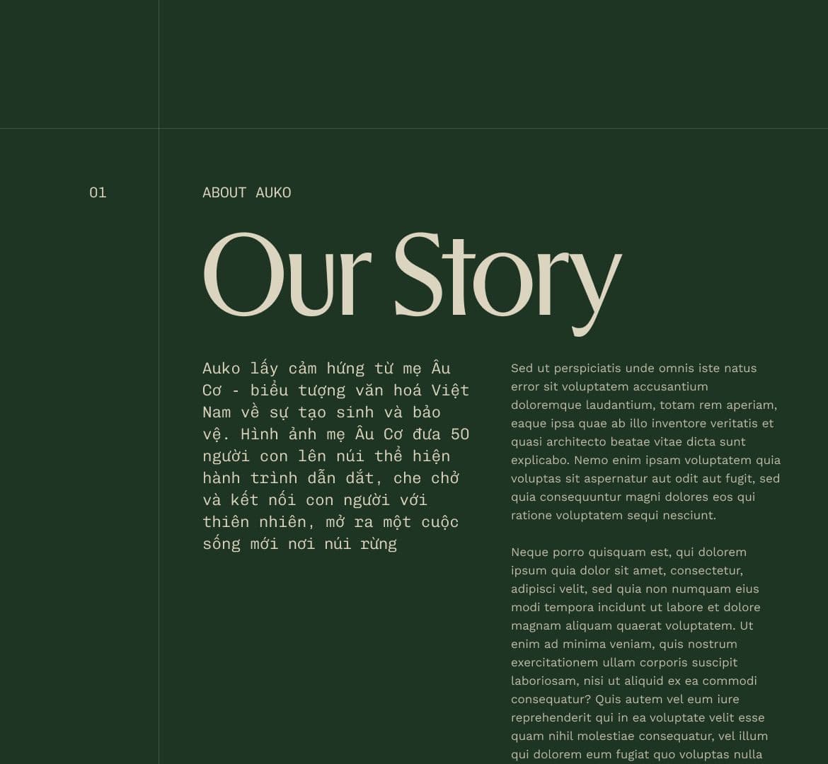Trang thiết kế typography nền xanh đậm với tiêu đề lớn “Our Story” và các đoạn văn mô tả theo phong cách block quote để tạo chiều sâu, nhấn mạnh nội dung kể chuyện.