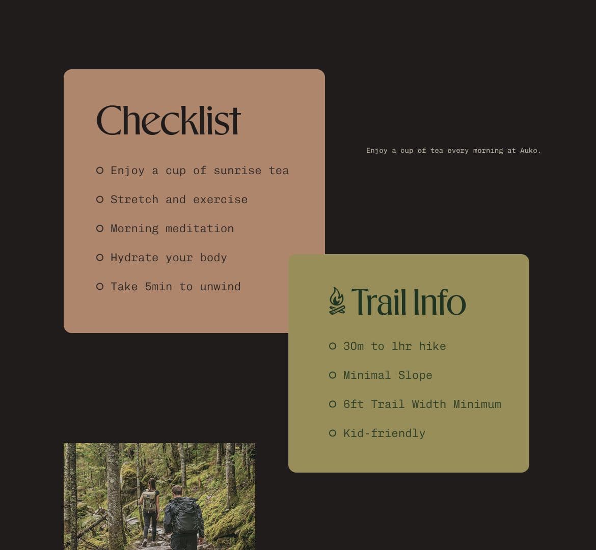 Thiết kế dạng “Checklist” và “Trail Info” với kiểu chữ typewriter tương phản, các gạch đầu dòng như nhật ký và biểu tượng vẽ tay, kèm nền ảnh thiên nhiên.